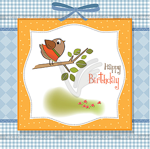 Birthday greeting card with funny little bird - vector image