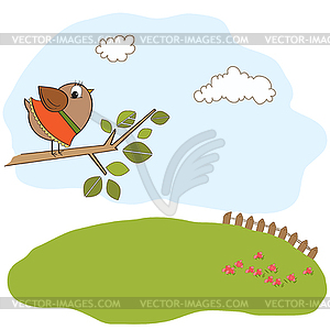 Romantic greeting with funny little bird - vector image