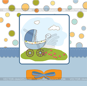 Baby boy shower card with stroller - vector clipart