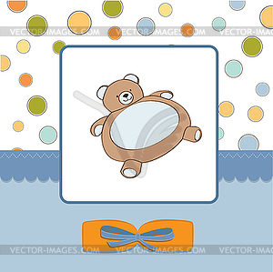 Ребенка открытка с плюшевым мишкой игрушки - рисунок в векторе