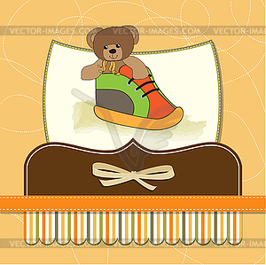 Shower card with teddy bear hidden in shoe - color vector clipart