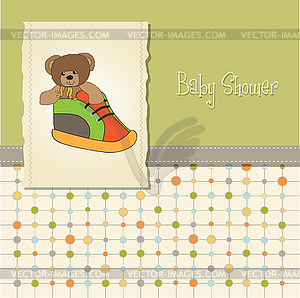 Shower card with teddy bear hidden in shoe - vector clip art