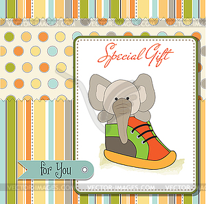 Happy birthday card with an elephant hidden in shoe - vector image