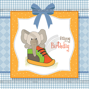 Happy birthday card with an elephant hidden in shoe - vector image