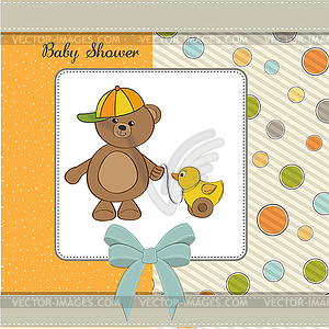 Cute greeting card with boy teddy bear - vector image