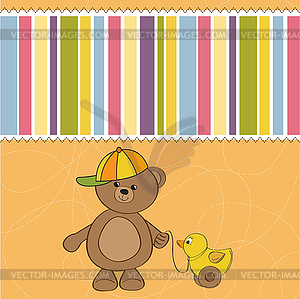 Cute greeting card with boy teddy bear - vector image