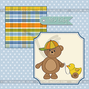 Cute greeting card with boy teddy bear - vector image