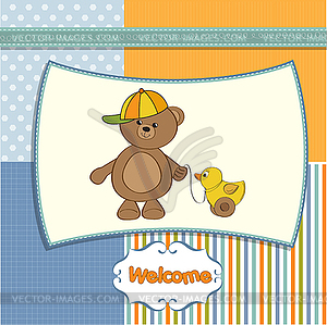 Cute greeting card with boy teddy bear - vector clipart