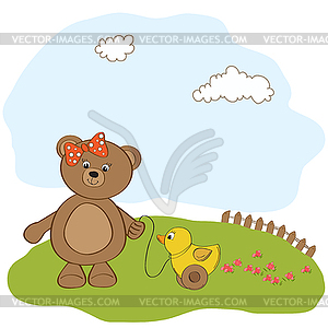 Добро пожаловать малыш открытка с девушкой плюшевый медведь и ее уткой - клипарт Royalty-Free