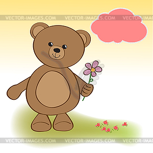 Happy birthday card with teddy bear and flower - vector image