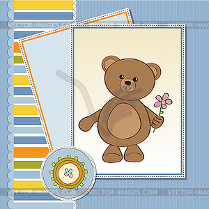 Happy birthday card with teddy bear and flower - vector image