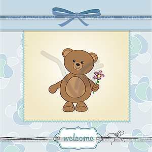 Happy birthday card with teddy bear and flower - vector clip art