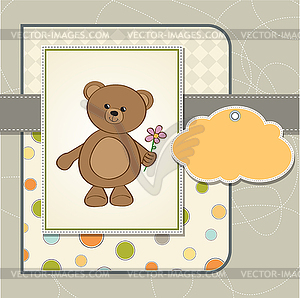 Happy birthday card with teddy bear and flower - vector clipart / vector image