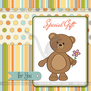 Happy birthday card with teddy bear and flower - vector clipart