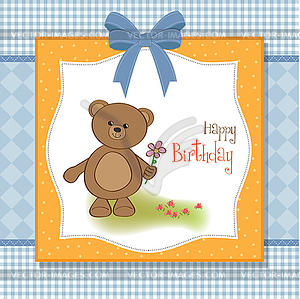 Happy birthday card with teddy bear and flower - vector clip art