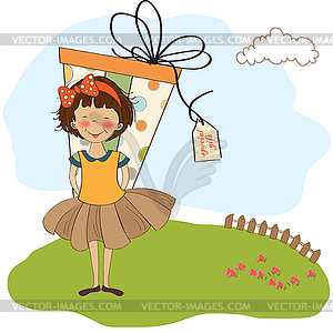 Pretty young girl she hide big gift - vector image