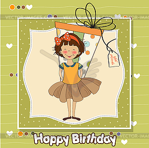 Pretty young girl she hide big gift - vector clipart