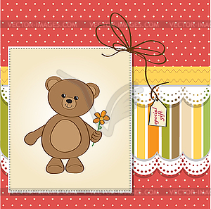 Happy birthday card with teddy bear and flower - vector clip art