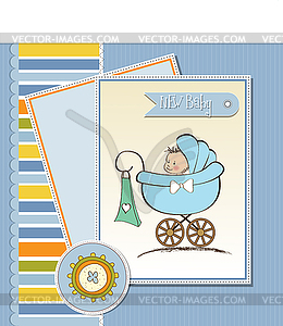 Baby boy announcement card with baby and pram - vector EPS clipart