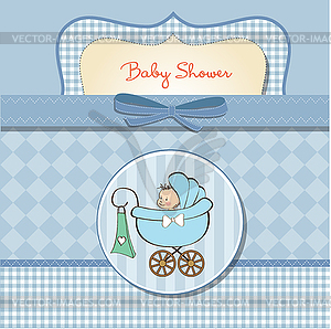 Baby boy announcement card with baby and pram - vector clipart