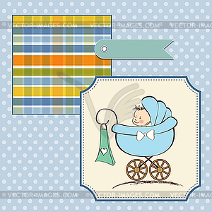 Baby boy announcement card with baby and pram - vector clip art