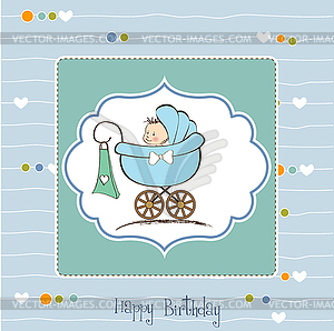 Baby boy announcement card with baby and pram - vector clipart
