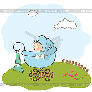 Baby boy announcement card with baby and pram - vector clip art