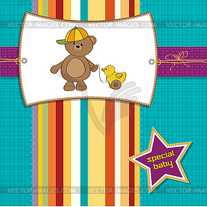 Welcome baby card with boy teddy bear and his duck - vector clipart