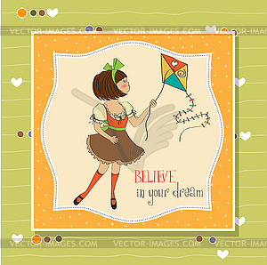 Cute teens who are playing with kite - vector image