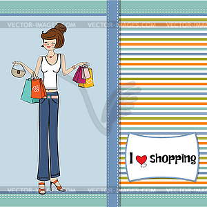 Pretty young lady at shopping - vector clipart