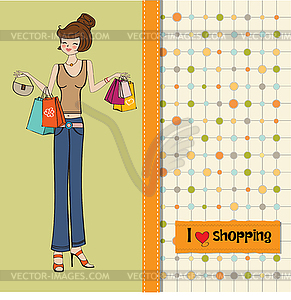 Pretty young lady at shopping - vector clipart