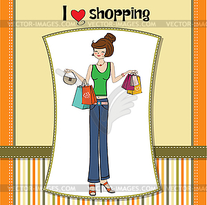 Pretty young lady at shopping - royalty-free vector clipart