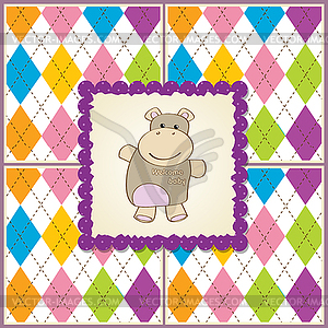 Childish baby girl announcement card with hippo toy - vector image