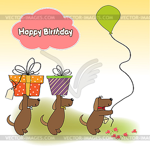 Three dogs that offer big gift. birthday greeting - vector clipart / vector image