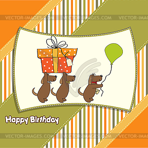 Three dogs that offer big gift. birthday greeting - vector image