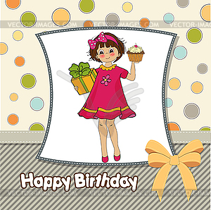 Birthday greeting card with girl and big cupcake - vector clipart