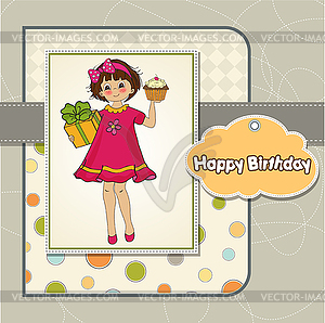 Birthday greeting card with girl and big cupcake - vector image