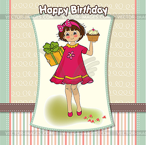 Birthday greeting card with girl and big cupcake - vector EPS clipart