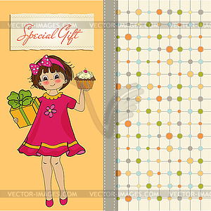 Birthday greeting card with girl and big cupcake - vector clipart