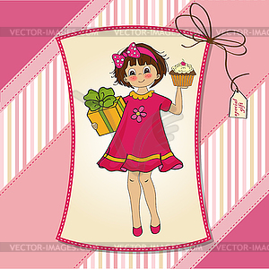 Birthday greeting card with girl and big cupcake - vector image