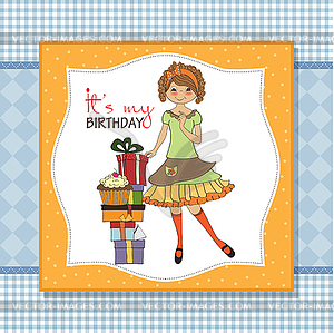 Pretty young girl with gift - vector clipart