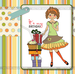 Pretty young girl with gift - vector image