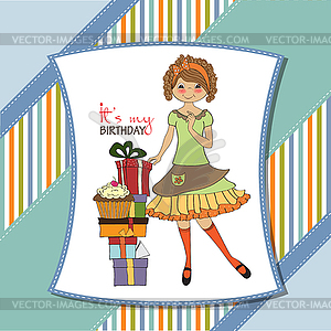 Pretty young girl with gift - vector clip art