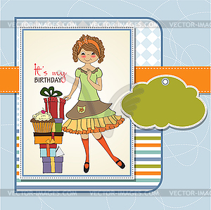 Pretty young girl with gift - vector image