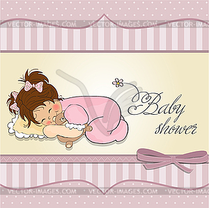 Baby shower card with little baby girl play with he - vector clipart