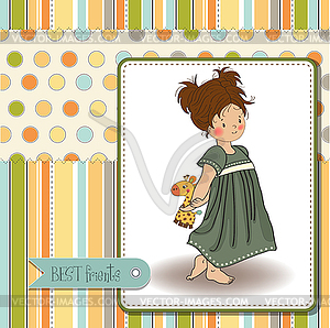 Young girl going to bed with her favorite toy, - vector clipart