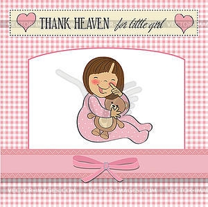 Little baby girl play with her teddy bear toy - vector image