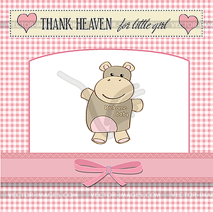 Childish baby girl announcement card with hippo toy - vector clipart