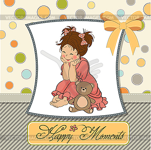 Little baby girl play with her teddy bear toy - vector image