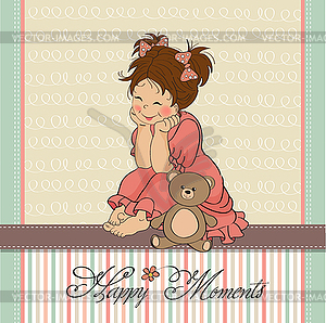 Little baby girl play with her teddy bear toy - vector clipart